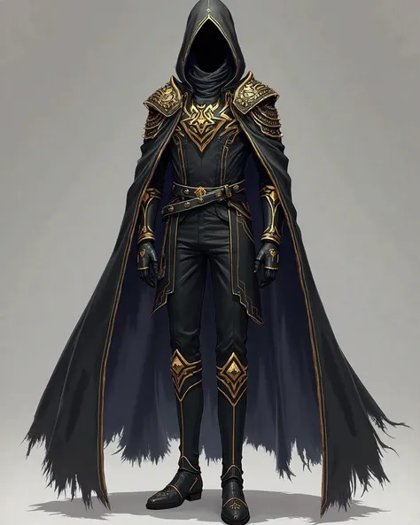 "A highly detailed, anime-style black battle outfit with a regal yet ominous aura. The costume consists of a long, flowing black cloak with golden accents and intricate embroidery, slightly tattered at the edges to give a battle-worn appearance. The high-c...