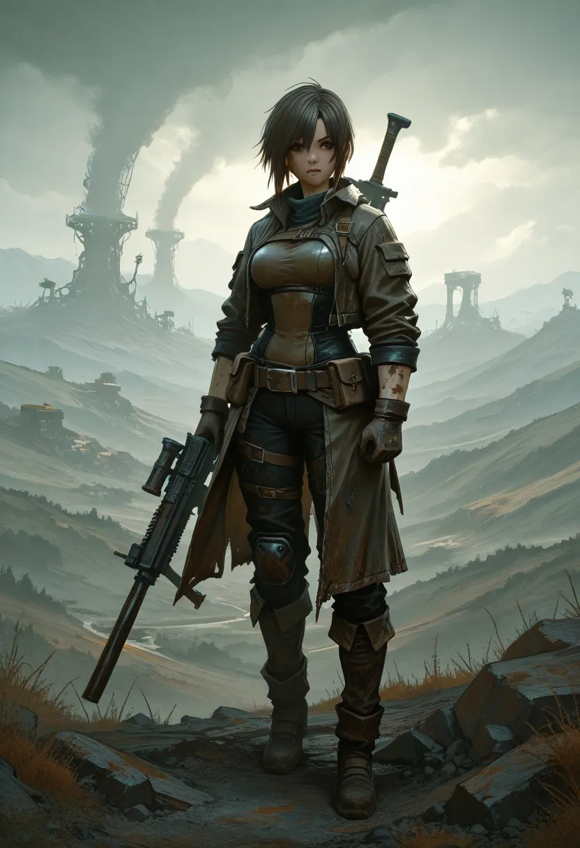  an attractive woman  [gunman: bounty hunter :0.4]  standing on an apocalyptic wasteland ( glitchwave style :1) , Landscape of the Paramo Elado