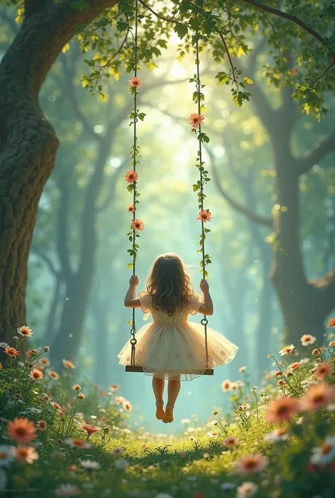 A girl in a swing wearing a dress enchanted and a beautiful forest