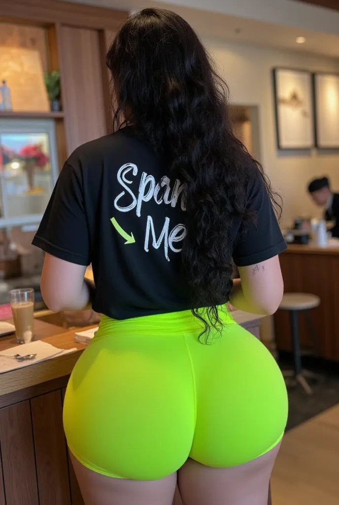 Photo of a gorgeous college girl with a big ass ordering at a starbucks. She has a thin waist and thick thighs. Detailed background. Back of her head is visible. She is facing away from the camera. View from behind. She has small breasts but thick thighs. ...