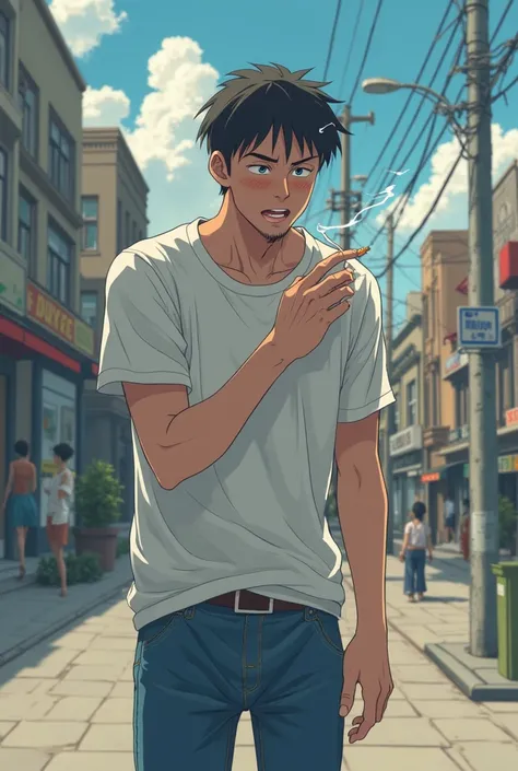 Anime style man smoking a cigarette suddenly coughing hard looking sick collapsing in pain 