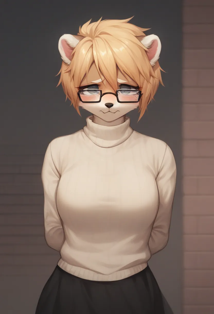 Kemono Furry antro blonde weasel female, , Alone ,  Female,  of foot, Weasel , thin, weak,  large boobs,  curvilinear ((( big glasses shy ))), (detailed eyes, snout, hair), short hair, [highly strung, shy, hands behind the back,  sexy tan sweater , Black d...