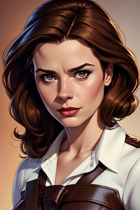 Marvel Comics' Peggy Carter. Peggy wears a white blouse and a brown skirt and brown high heels. Peggy has lovely makeup on her face. Comic-style realism animation mixed with digital painting. Polished and realistic effect. Emphasis on detailed expressions ...