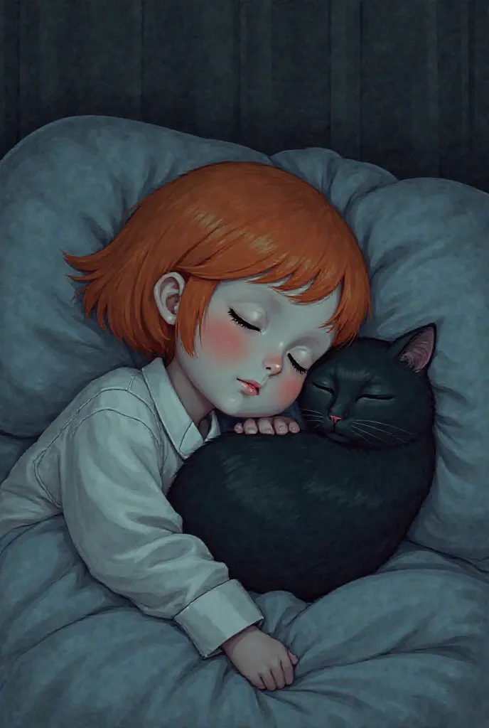 Please create an illustration of a girl。 hair color is gray 、short hair、It is the inner color of orange。
in the middle of the night。I'm wearing pajamas。A black cat is sleeping curled up next to me。