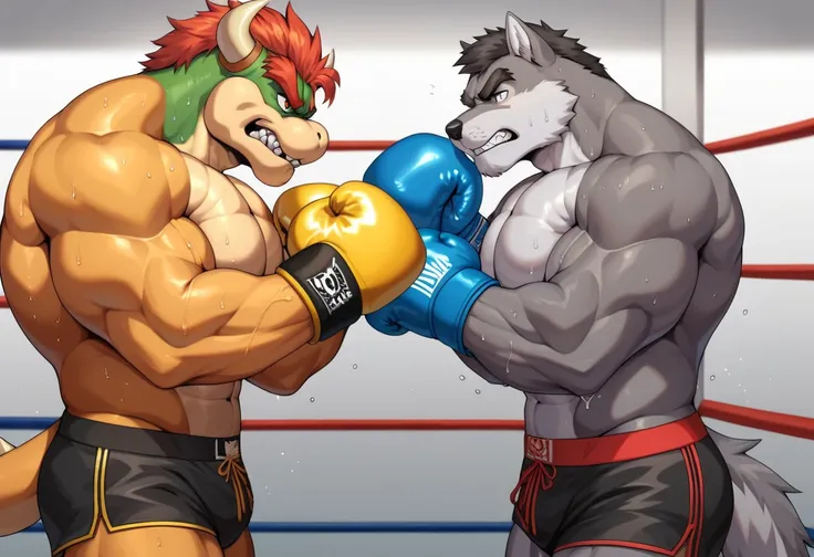 Duo anthro male(anthro Gray Wolf vs Orange Bowser), handsomes(handsome hairstyles, Thick eyebrows, detailed face), [anthro Gray Wolf: Half body, big muscle body, angry], [Orange Bowser: Half body, growling], Position(Standing Side to side, glancing at each...