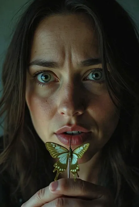 Close-up of a woman's face, looking at the camera with an expression of fear and despair. Her eyes reflect the image of a bright butterfly, crucified on an entomological needle. background is blurred, but you can discern the shape of a dark room.