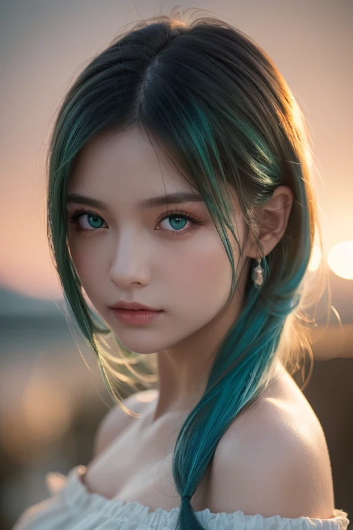  best quality , Masterpiece,  super high resolution, ( realism: 1.4),   Original Pictures ,  1 girl,  green eyes,  off shoulder,  Cinematic Lighting,   blue hair , At sunset