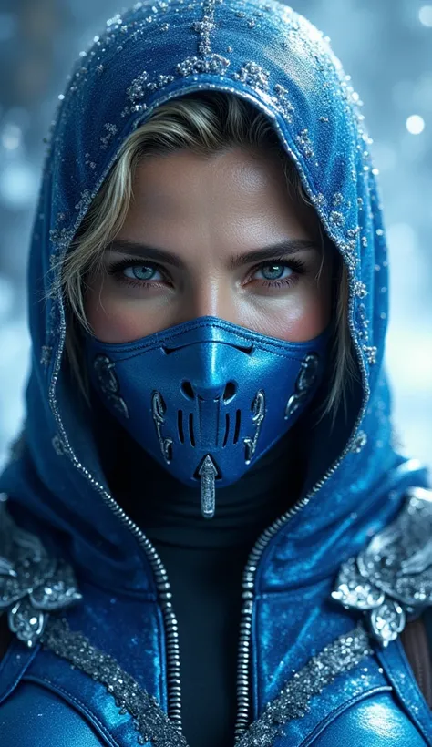 Here's a detailed prompt to generate a super realistic image of Elsa Pataky as Sub-Zero, in her shiny and metallic outfit, in addition to a realistic blue mask, focused on the upper body:

"Hyper-realistic Close-up of Elsa Pataky as Sub-Zero, the iconic cr...