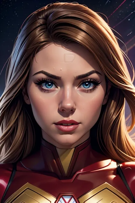 Jennette McCurdy as DC Comics' Imra Ardeen AKA Saturn Girl of the Legion of Super-Heroes. Jennette wears a futuristic red-and-white superhero costume with a red superhero chest symbol shaped like the planet Saturn. Jennette has lovely makeup on her face. D...