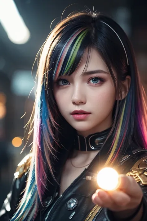 {{Masterpiece}},  best quality ,  Highly Detailed CG Unity 8K Wallpaper,  Cinematic Lights,  lens flare ,  beautiful detail eyes , black,  Sideways glance,   multi colored hair,  colorful  light, particle, Heterochromia, ( colorful :1.5), ( colorful  hair:...