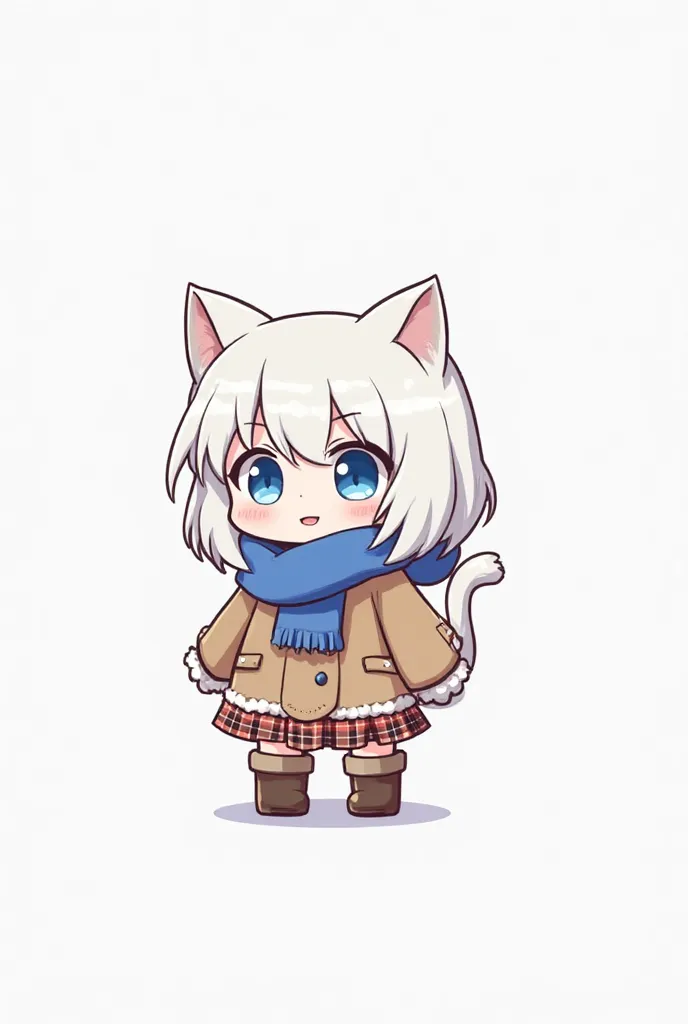 A chibi-style anime girl with cat ears, white short hair, and a blue scarf, depicted in a 2.5-heads-tall proportion. She has a gentle smile and large, soft blue eyes. She wears a cozy winter coat with fluffy details, a plaid skirt, and matching boots. The ...