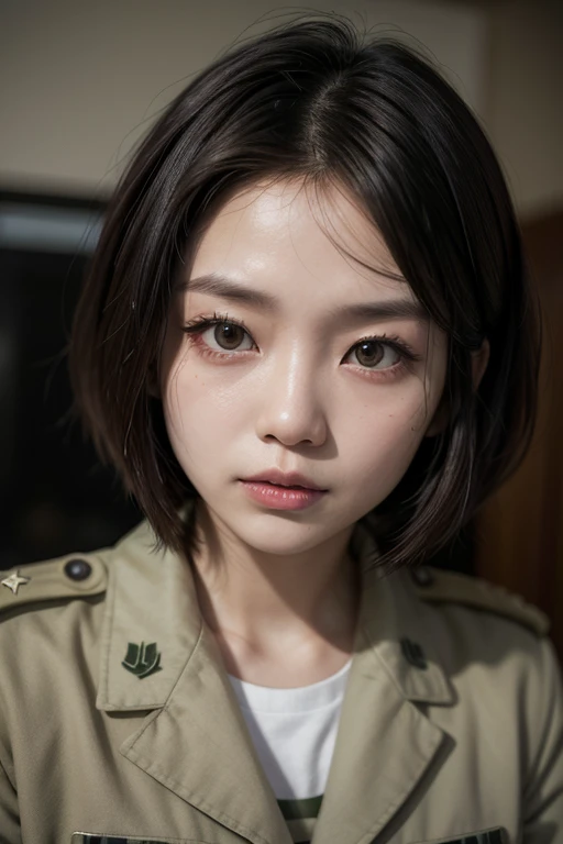 Asian woman short hair  uniform military zombies realista