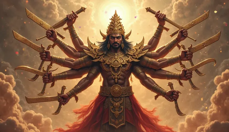 A verry clear 4k ultra HD dynamic image on' Maharaj Kartavirya Arjun (Sahasrabahu):
Depict a powerful Kshatriya king known as Sahasrabahu with a thousand arms. Each arm should be muscular and wielding different traditional weapons. His expression is fierce...