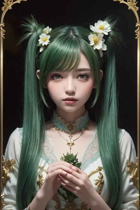 (Masterpiece,  top quality,  best quality ,  Official Art,  beautiful and aesthetic:1.2), ( 1 girl:1.3), ( Fractal Art :1.3), card, Tarot,  green hair,  twin tails,  hair flower, ( good lighting :1.1), (( high resolution)), Tarot card style