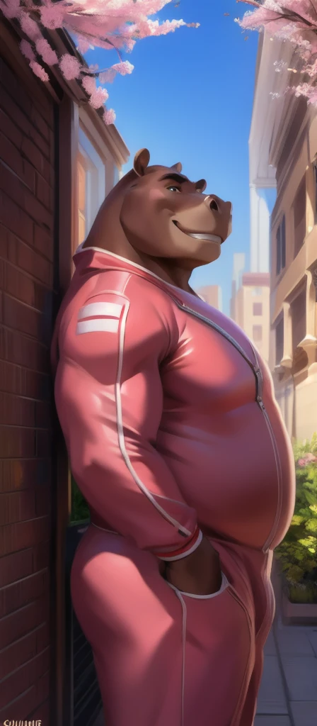   alone  , Male​ tall​., huge body,​standing, street , hippo bear​, ​ heavy  เกินพิกัด,   muscle bound , pink Military Spacesuit,Smirking, by chunie  