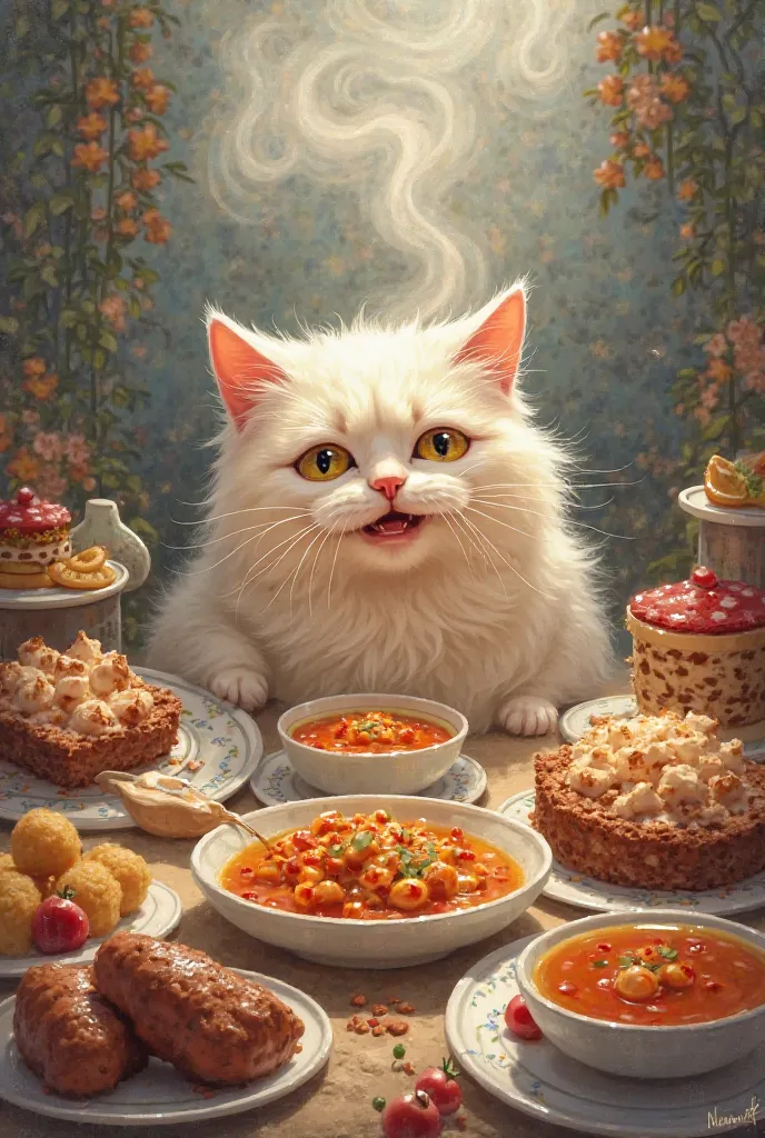 One day a cat was crying because he had no food to eat, so he imagined a lot of food.