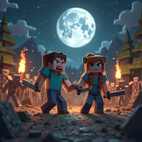 minecraft steve and alex are fighting zombies and skeletons at night time