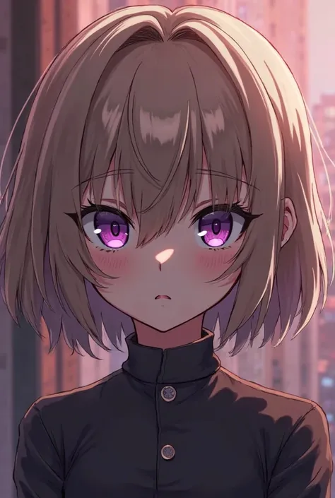 I need you to make me a character in the style of the anime Tokyo Ghoul, Must be a girl with short hair like a Wolfcut cut, light brown hair, purple eyes hitting violet and having a mole on one side of her lip 