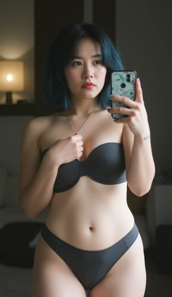 18 year bali indonesian woman, fit firm body, fit firm stomach, fit firm small breast, wearing expensive dark grey and strapless underwear, seductive pos, cool style dark blue black hair, white skin, realistic,condescending expression, selfie with holding ...