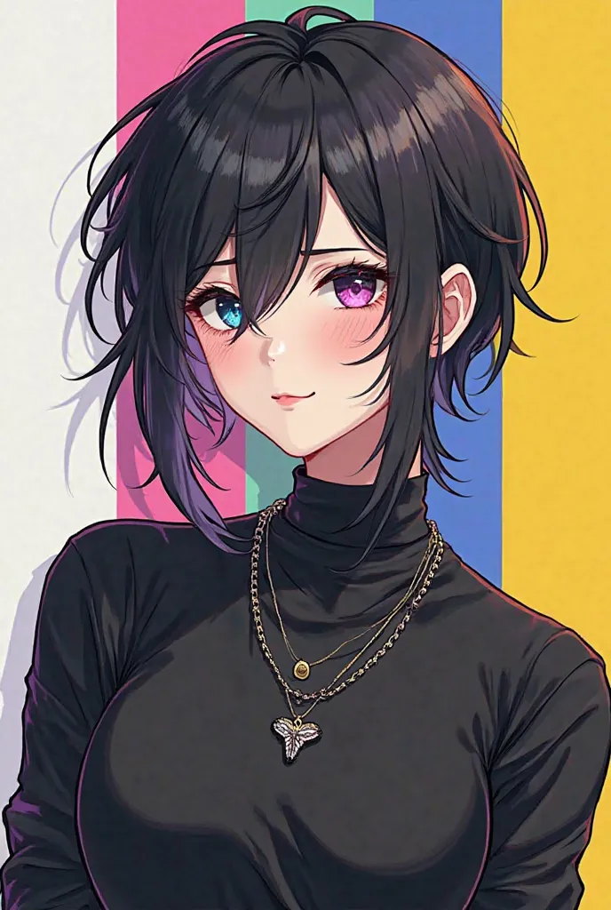 Non-binary anime-style character (with features close to " Female"/androgynous), With black hair style "modern pompadour". wears black clothes and has subtle details with the colors of the non-binary flag (white black yellow violet) and pansexual (rosa,  l...