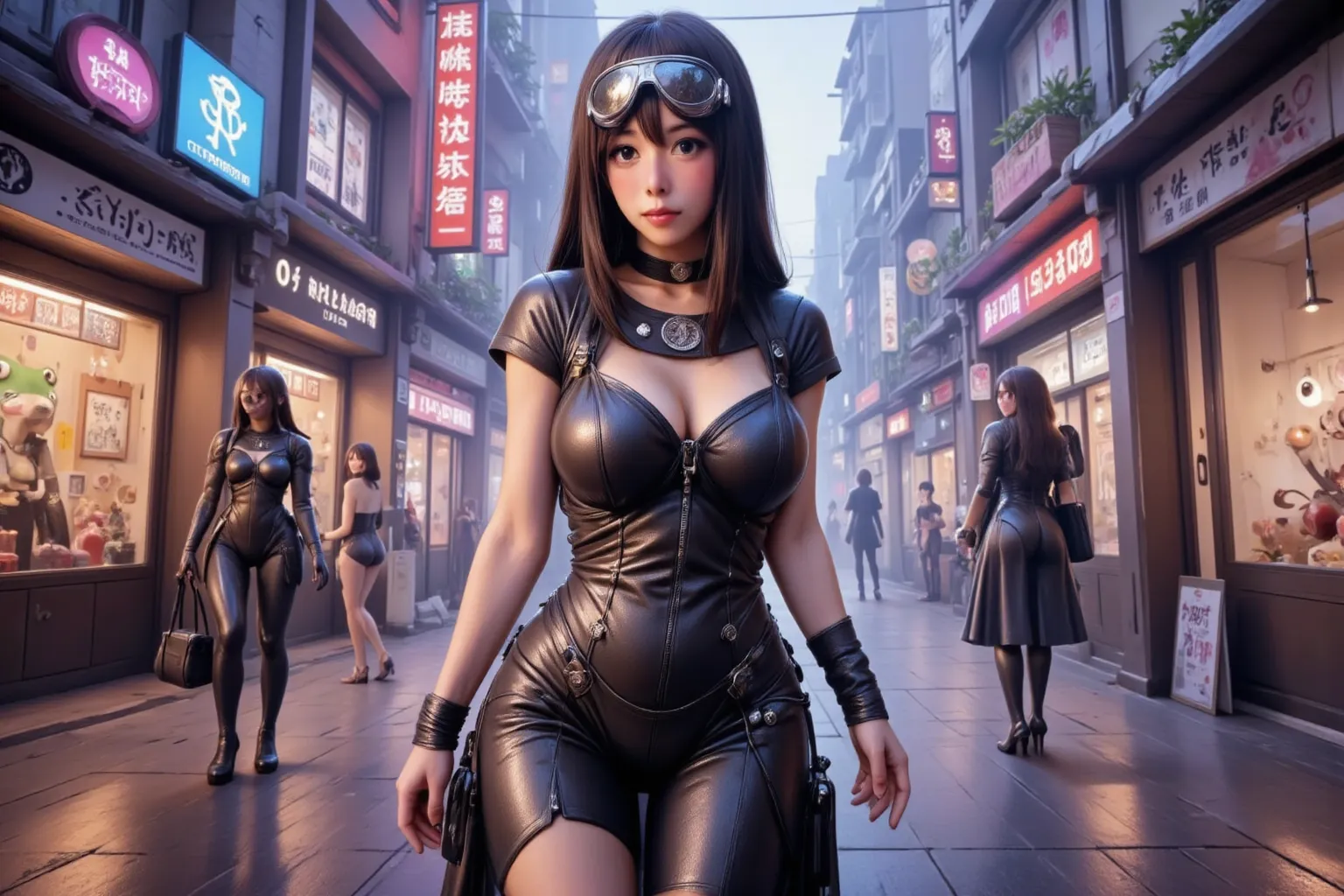 Woman (cute, chrome goggles, sexy outfit, saggy natural breasts huge, sexy black leather outfit, many blinking gadget accessories), confident walk through futuristic alien city (high technology blended with fungal structures)(Cyberpunk + mushroom fantasy),...