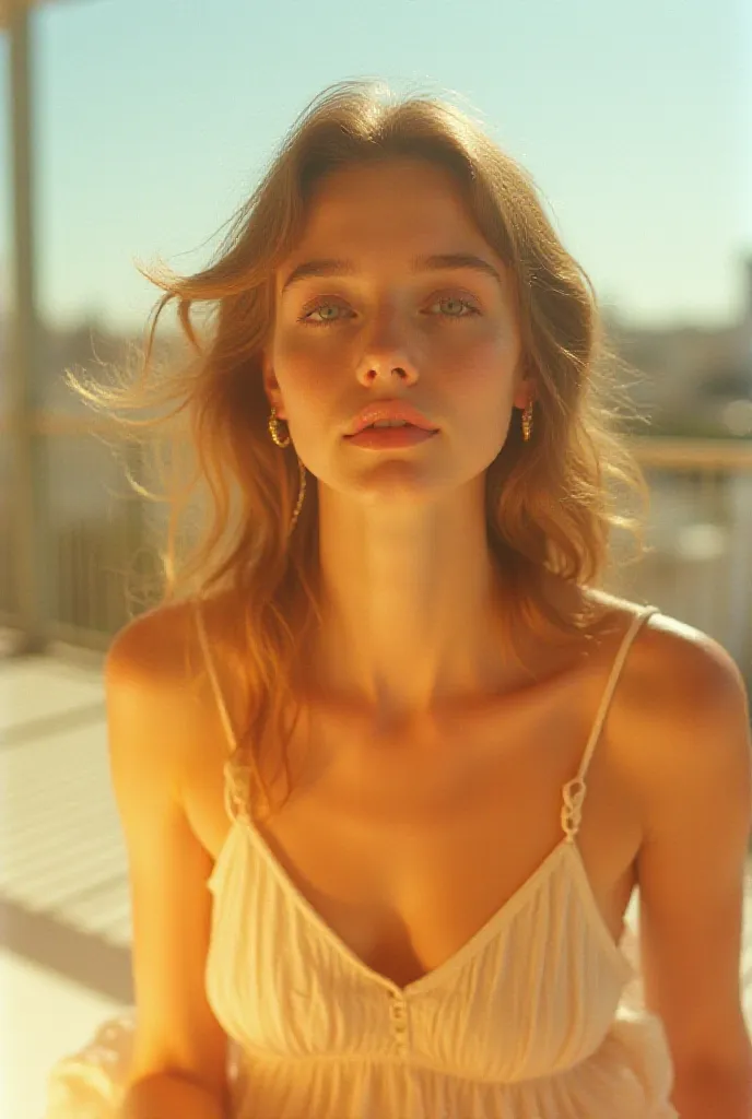 The image is a Self-portrait of Average girl sunbathing on the terrace in a summer dress, the sun is reflected on her skin, Illuminated skin, glowing skin. (Self-portrait characteristics: Kodak Portra 400, Kodak Gold 200, analog photo, 35mm_girls:1.6)