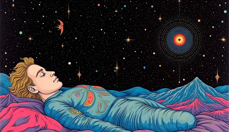 a serene man sleeping under a beautiful starry sky. 


 psychedelic cosmic horror , por Hiroshi Nagai, paul laffoley , mystical, supernatural visuals, psychedelic illustration, Mystic eye, empty eyes,  psychedelic art, colorfull

