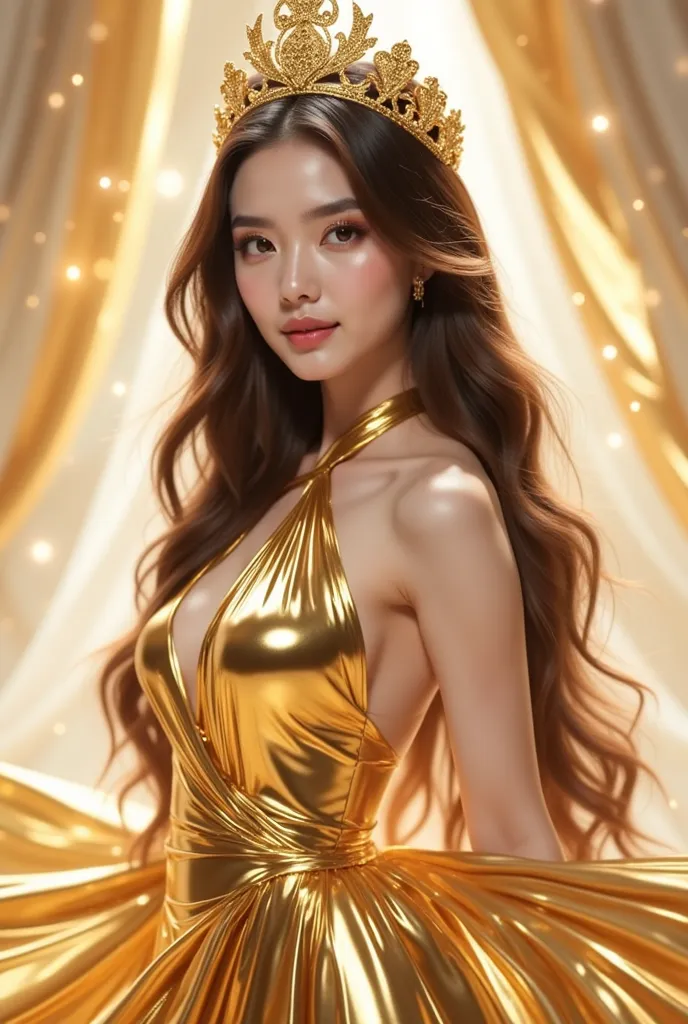 a woman in a stunning gold metallic gown that glimmers elegantly. The dress has a halter neckline and a fitted silhouette, accentuating her figure. She is wearing a golden crown-like headpiece with intricate details, complementing her overall regal appeara...