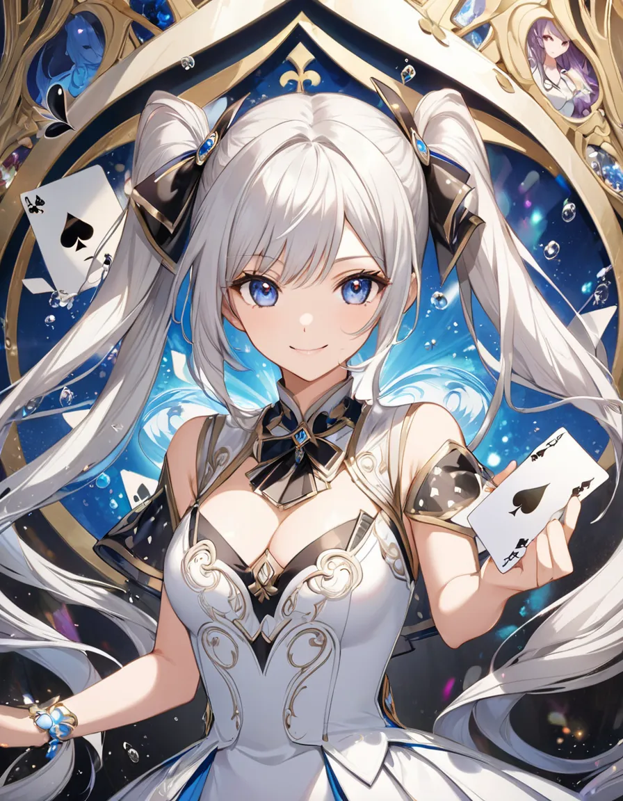 A large playing card, Ace of Spades, is drawn in the background、silver long hair on hand、    has beautiful twin tails   、smile、beautiful twin tail spade pattern costume、  woman in a white dress , beautiful fantasy anime, change, splash art anime change,   ...