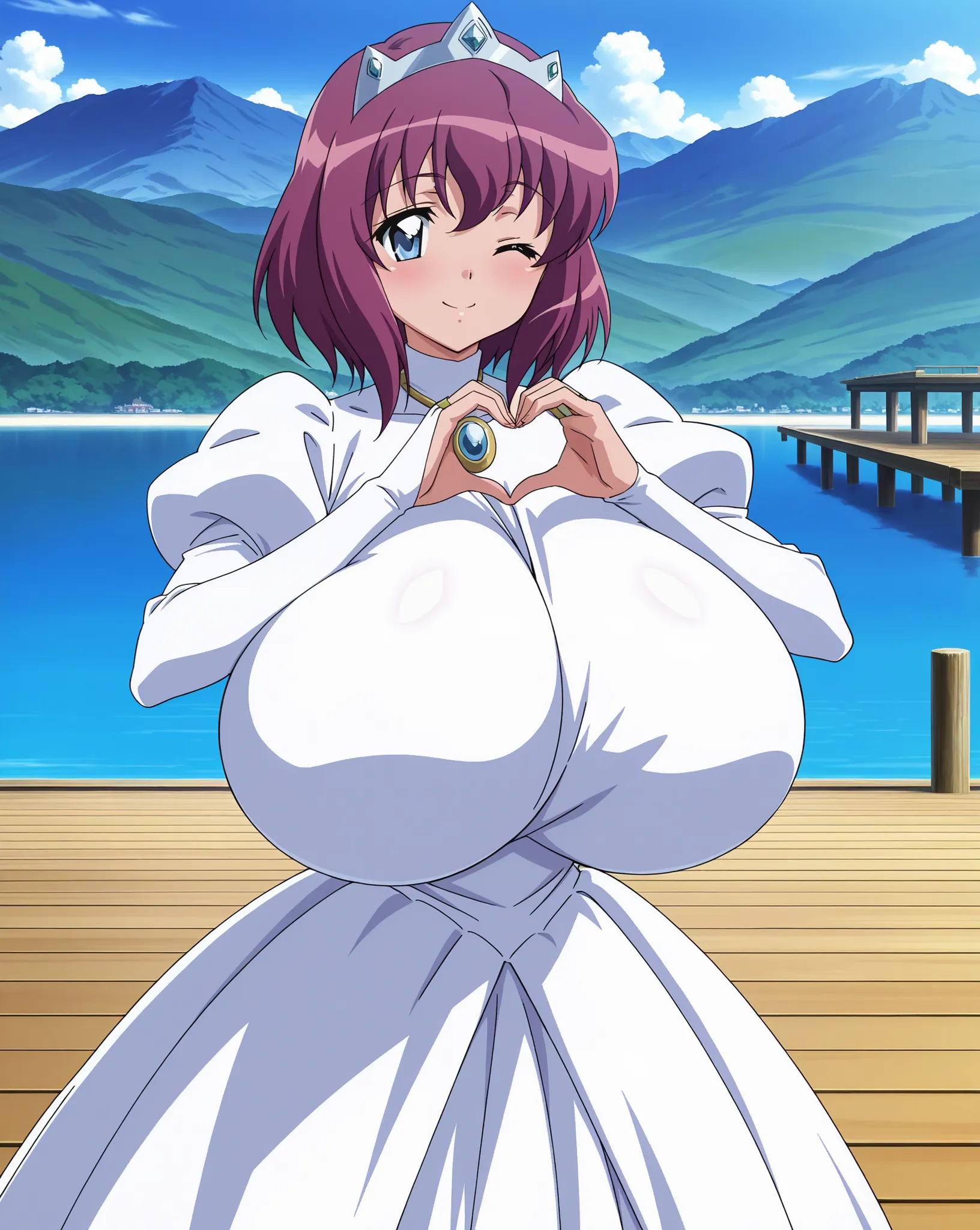 score_9, score_8_up, score_7_up, source_anime, anime coloring, anime screencap, 1 girl, alone, Henrietta de Tristain (zero no tsukaima), purple hair, medium hair, blue eyes, wink, big smile, white beautiful skin, gigantic breasts, standing, heart hands on ...