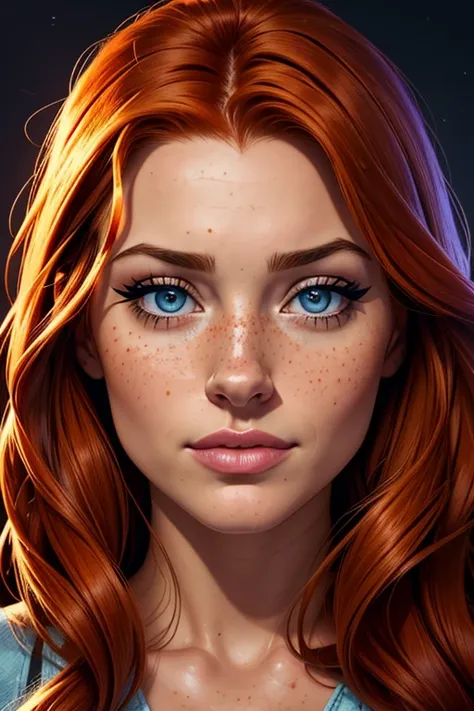 A portrait of a beautiful young woman. Her facial features are a combo of Aly Michalka + Madelaine Petsch + Phoebe Dynevor + Katherine McNamara + Lindsay Lohan + Brittany Snow + Molly C. Quinn + Camryn Grimes. The woman has long ginger hair. The woman has ...