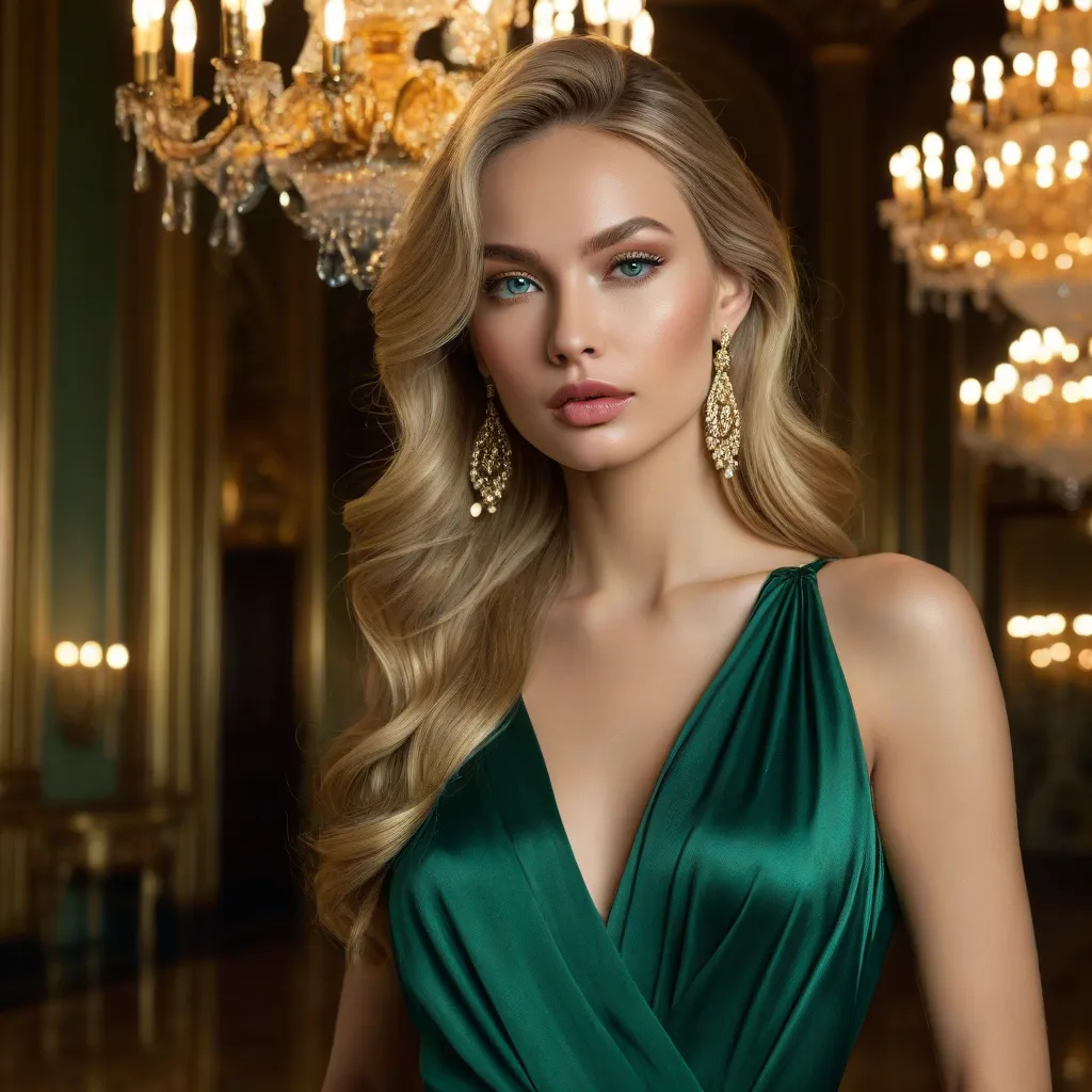 ultra-realistic, cinematic portrait of a stunning Russian fashion influencer, Sasha Lena, in a luxurious emerald green silk dress, in a grand ballroom with golden chandeliers. She has long, silky golden blonde hair with natural loose strands, reflecting so...