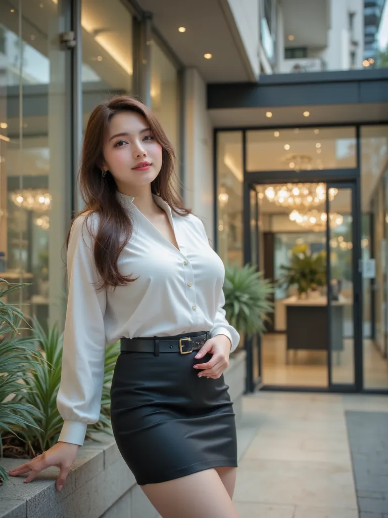 ((Medium Shot, Realistic Cinematic, 4K High Resolution))

A Thai female university student, around 20 to 21 years old, stands with quiet confidence in front of a modern office building at night. Warm interior lighting reflects softly on the glass windows b...