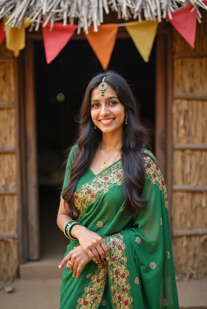 "A beautiful young woman with long, dark hair, wearing a traditional green saree with intricate golden and red floral patterns. She has a matching green blouse with half sleeves and accessorizes with green bangles, a delicate gold necklace, a small nose ri...