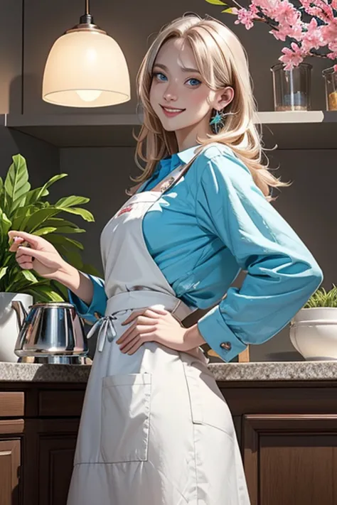 (from below:1.3),((1girl, silverblonde hair, long hair, qutel blue eyes, beautiful eyes, pretty smile:1.5, ), coloring watercolor digital pencil ,Cherry blossoms falling,an animated painting of a woman in an apron standing at a coffee maker, 1girl, brown h...