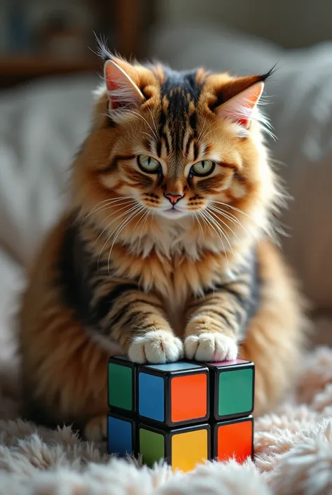 Fat cat putting together a Rubik's cube