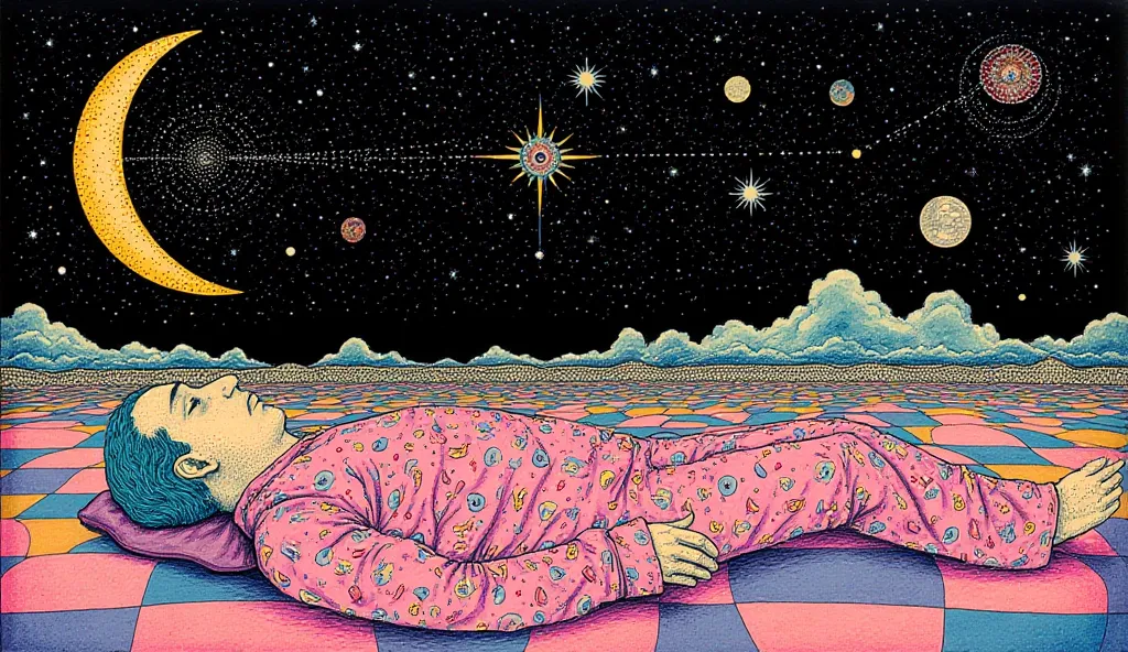 A Serene Man in Pajamas Sleeping Under a Beautiful Starry Sky 


psychedelic cosmic horror, por Hiroshi Nagai, paul laffoley , mystical, supernatural visuals, psychedelic illustration, Mystic eye, empty eyes,  psychedelic art, colorfull

