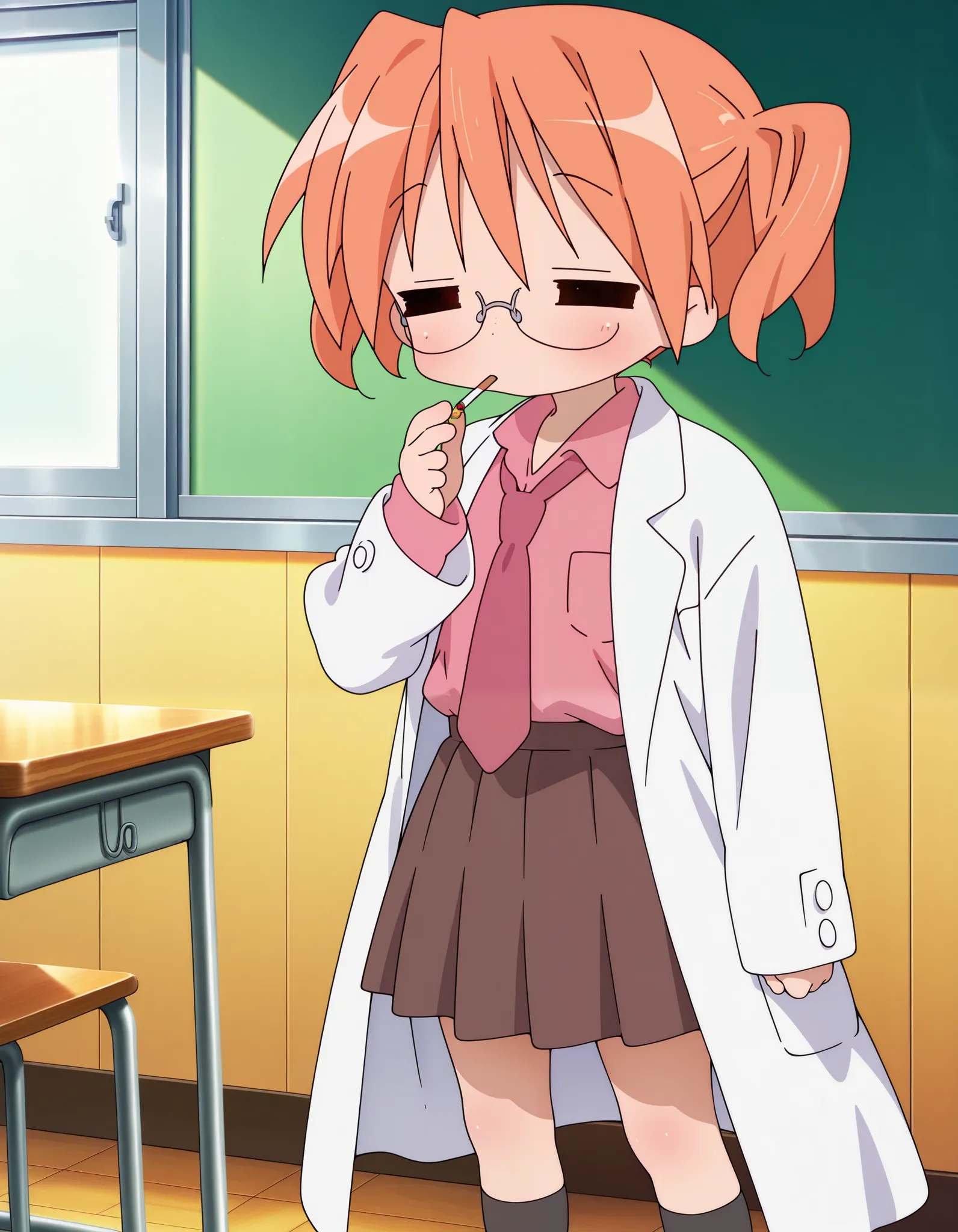 very aesthetic, high definition, amazing quality, masterpiece, best quality, highres, absurdres, sensitive, newest, anime screenshot, screencap, anime coloring, 1girl, solo, sakuraba hikaru, lucky star, orange hair, two side up, red eyes, white coat, pink ...