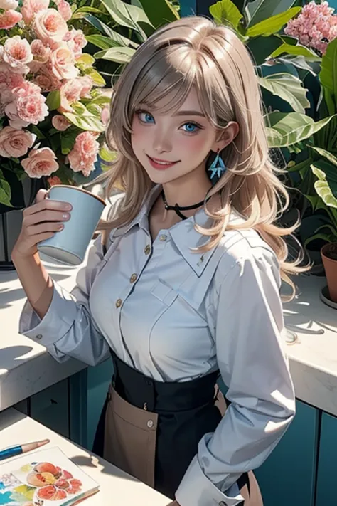 (from above:1.1),((1girl, silverblonde hair, long hair, qutel blue eyes, beautiful eyes, pretty smile:1.5, ), coloring watercolor digital pencil ,Cherry blossoms falling,an animated painting of a woman in an apron standing at a coffee maker, 1girl, brown h...