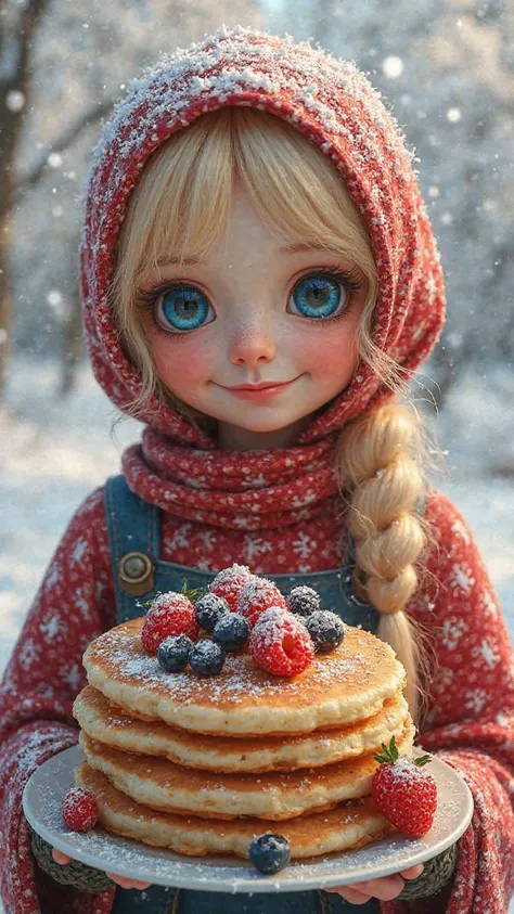 At the front. The style of Amate and alebrijes and Josephine Wall. Russian Russian blonde in a Russian headscarf in the style of Amate and alebrijes smiles and will hold a large cart with pancakes and berries. Big blue detailed eyes with fluffy eyelashes. ...