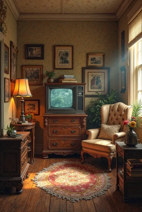 Make a realistic picture of a small room with antique furniture and a TV that sometimes fails.