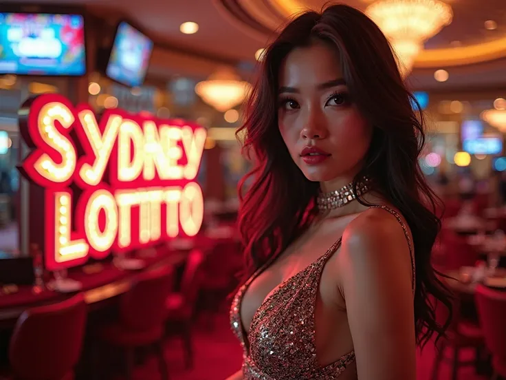 The banner for predicting lottery numbers with a casino feel stands by a sexy and beautiful Asian woman. Banner with a logo that says: SYDNEY LOTTO. with bright and bold writing.