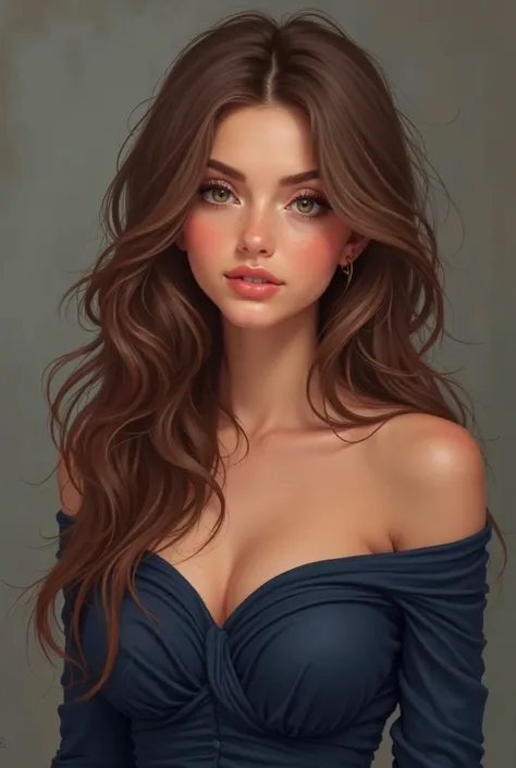 Make a girl with a warm brown hair long layered with v shape hair, round face small eyes round eyes, slight arch eyebrow full lips, and wearing navy blue top off shoulder but still respectful with red nails,  maje it college look slightly mature