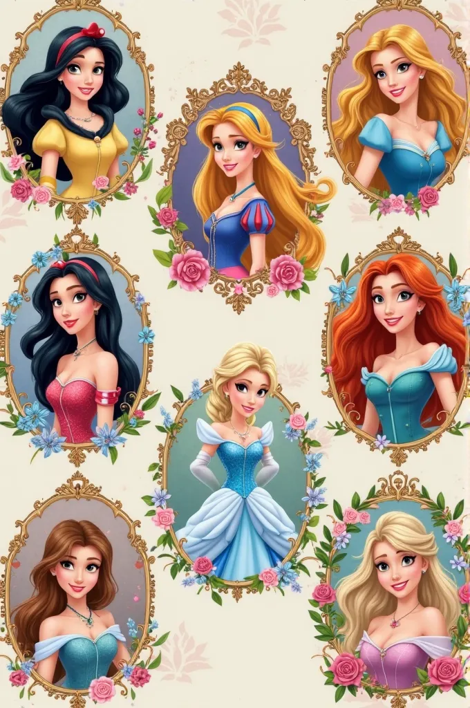 A decorated template for each of these snow white princesses,  Rapunzel , wanted, Aurora, Merida, Elsa, jasmine, Beautiful and Cinderella in cartoon, 