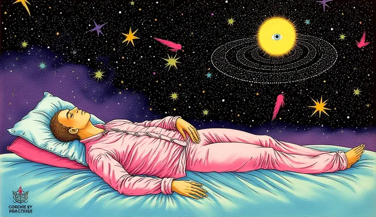 a serene beautiful man in pajamas sleeping under a beautiful starry sky . Angels around him.


 psychedelic cosmic horror , por Hiroshi Nagai, paul laffoley , mystical, supernatural visuals, psychedelic illustration, Mystic eye, empty eyes,  psychedelic ar...