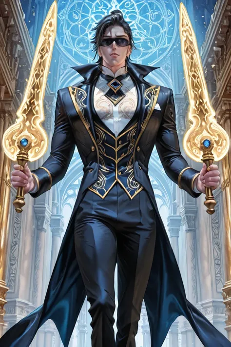 22-year-old male magician high resolution,  HD model,  Ultra HD,  fauvism, Divinity at its peak, Holding weapons