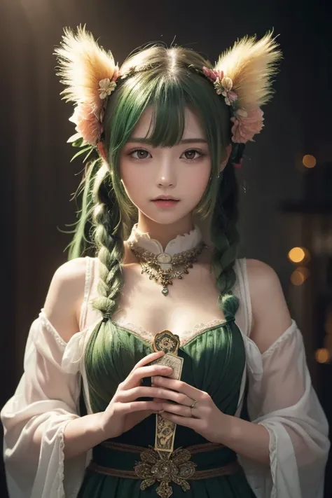 (Masterpiece,  top quality,  best quality ,  Official Art,  beautiful and aesthetic:1.2), ( 1 girl:1.3), ( Fractal Art :1.3), card, Tarot,  green hair,  twin tails,  hair flower, ( good lighting :1.1), (( high resolution)), Tarot card style