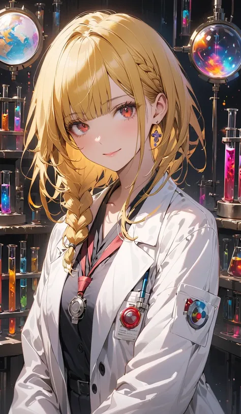 8k resolution, masterpiece, masterwork, perfect proportion, semi-realistic, science fantasy, 1 woman, mad scientist, small face, red eyes, mad yellow hair:1.3, asymmetrical hairstyle with straight-cut bangs, one side braided and long while the other side i...