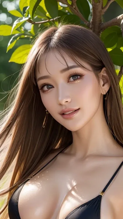 Photorealistic perfect body、 HD、(Big boob thin waist、（ black bikini :1.5）(  split bang  )、(  Gold :1.3)、  straight hair 、（ Please put your hands down :1.5）、 smile,   HD、long hair