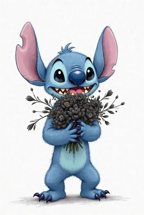 Stitch drawing with white background holding a bouquet of black alcatraz. His hands